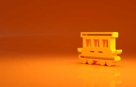 Yellow Passenger train cars toy icon isolated on orange background. Railway carriage. Minimalism concept. 3d illustration 3D renderの写真素材
