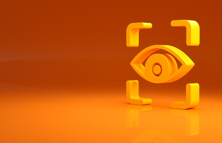 Yellow Eye scan icon isolated on orange background. Scanning eye. Security check symbol. Cyber eye sign. Minimalism concept. 3d illustration 3D renderの写真素材