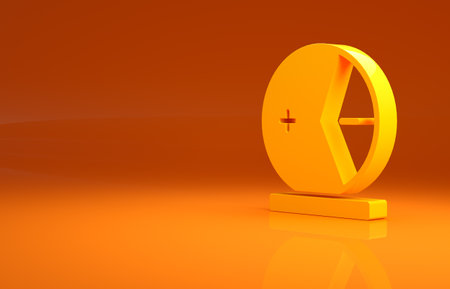 Yellow Atom icon isolated on orange background. Symbol of science, education, nuclear physics, scientific research. Minimalism concept. 3d illustration 3D renderの写真素材