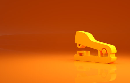 Yellow Office stapler icon isolated on orange background. Stapler, staple, paper, cardboard, office equipment. Minimalism concept. 3d illustration 3D renderの写真素材