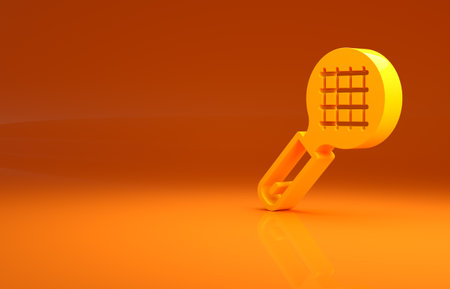 Yellow Tea strainer with handle icon isolated on orange background. Metal sieve. Minimalism concept. 3d illustration 3D renderの写真素材