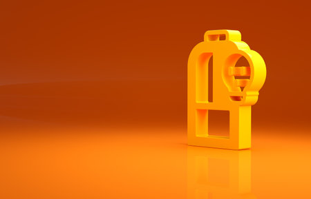 Yellow Laboratory chemical beaker with toxic liquid icon isolated on orange background. Biohazard symbol. Dangerous symbol with radiation icon. Minimalism concept. 3d illustration 3D renderの写真素材