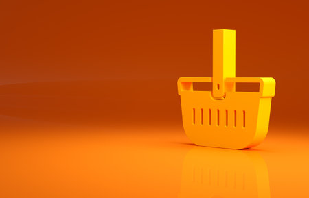 Yellow Picnic basket icon isolated on orange background. Minimalism concept. 3d illustration 3D renderの写真素材