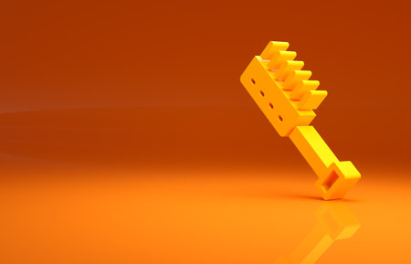 Yellow Sauna brush icon isolated on orange background. Wooden brush with coarse bristles for washing in the bath. Anti cellulite massage. Minimalism concept. 3d illustration 3D renderの写真素材