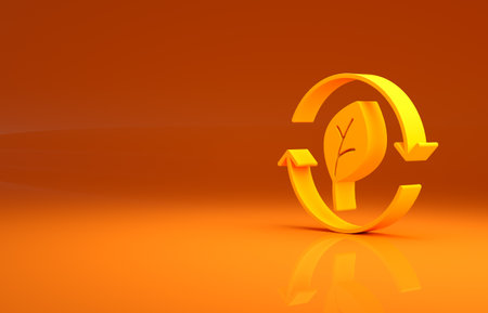 Yellow Recycle symbol with leaf icon isolated on orange background. Circular arrow icon. Environment recyclable go green. Minimalism concept. 3d illustration 3D renderの写真素材