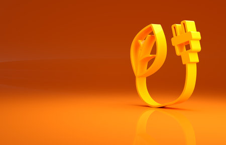 Yellow Electric saving plug in leaf icon isolated on orange background. Save energy electricity. Environmental protection. Bio energy. Minimalism concept. 3d illustration 3D renderの写真素材