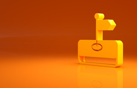 Yellow Flag icon isolated on orange background. Location marker symbol. Minimalism concept. 3d illustration 3D renderの写真素材