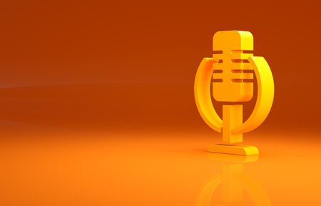 Yellow Microphone icon isolated on orange background. On air radio mic microphone. Speaker sign. Minimalism concept. 3d illustration 3D renderの写真素材
