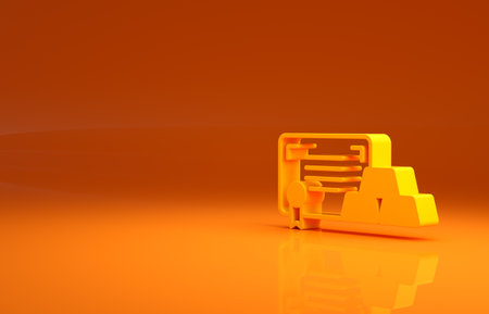 Yellow Gold bars with certificate icon isolated on orange background. Banking business concept. Minimalism concept. 3d illustration 3D renderの写真素材