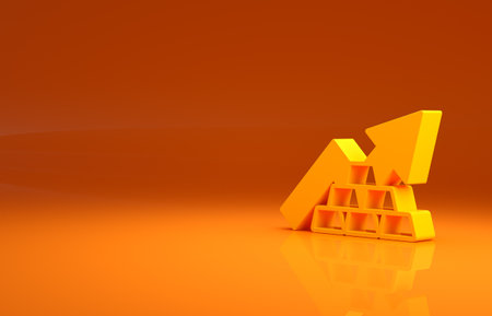 Yellow Finance growth chart arrow with gold bars icon isolated on orange background. Financial success concept. Gold investment concept. Minimalism concept. 3d illustration 3D renderの写真素材