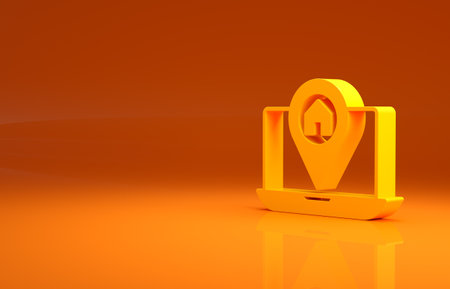 Yellow Infographic of city map navigation icon isolated on orange background. Laptop App Interface concept design. Geolocation concept. Minimalism concept. 3d illustration 3D renderの写真素材