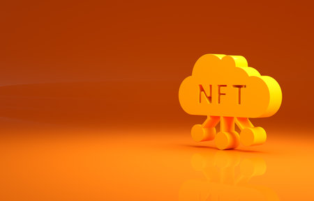 Yellow NFT cloud icon isolated on orange background. Non fungible token. Digital crypto art concept. Minimalism concept. 3d illustration 3D renderの写真素材
