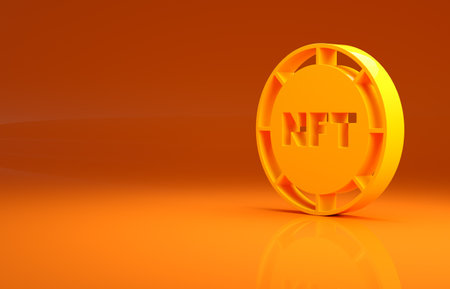 Yellow NFT Digital crypto art icon isolated on orange background. Non fungible token. Minimalism concept. 3d illustration 3D renderの写真素材
