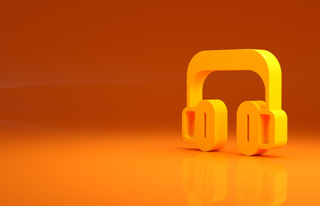Yellow Headphones icon isolated on orange background. Support customer service, hotline, call center, faq, maintenance. Minimalism concept. 3d illustration 3D renderの写真素材