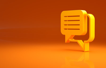 Yellow Speech bubble chat icon isolated on orange background. Message icon. Communication or comment chat symbol. Minimalism concept. 3d illustration 3D renderの写真素材