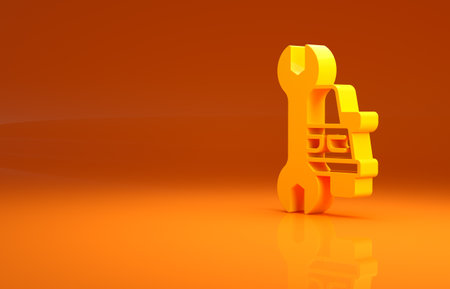 Yellow Car service icon isolated on orange background. Auto mechanic service. Repair service auto mechanic. Maintenance sign. Minimalism concept. 3d illustration 3D renderの写真素材