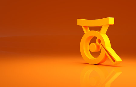 Yellow Gong musical percussion instrument circular metal disc and hammer icon isolated on orange background. Minimalism concept. 3d illustration 3D renderの写真素材