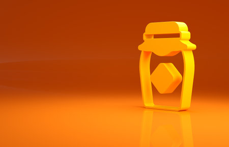 Yellow Jar of honey icon isolated on orange background. Food bank. Sweet natural food symbol. Minimalism concept. 3d illustration 3D renderの写真素材