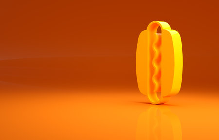Yellow Hotdog sandwich icon isolated on orange background. Sausage icon. Fast food sign. Minimalism concept. 3d illustration 3D renderの写真素材