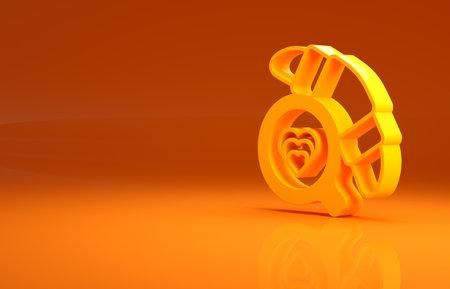 Yellow Coffee cup with croissant icon isolated on orange background. Tea cup. Hot drink coffee. Minimalism concept. 3d illustration 3D renderの写真素材
