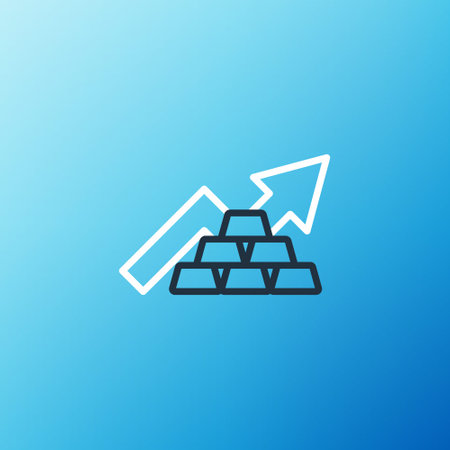 Line Finance growth chart arrow with gold bars icon isolated on blue background. Financial success concept. Gold investment concept. Colorful outline concept. Vectorのイラスト素材