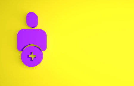 Purple Add to friend icon isolated on yellow background. Minimalism concept. 3D render illustration