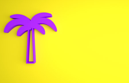 Purple Tropical palm tree icon isolated on yellow background. Coconut palm tree. Minimalism concept. 3D render illustrationの写真素材