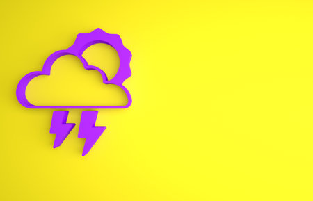 Purple Storm icon isolated on yellow background. Cloud with lightning and sun sign. Weather icon of storm. Minimalism concept. 3D render illustrationの写真素材