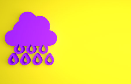 Purple Cloud with rain icon isolated on yellow background. Rain cloud precipitation with rain drops. Minimalism concept. 3D render illustrationの写真素材