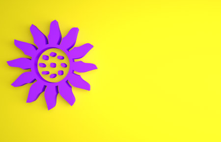 Purple Flower icon isolated on yellow background. Minimalism concept. 3D render illustrationの写真素材