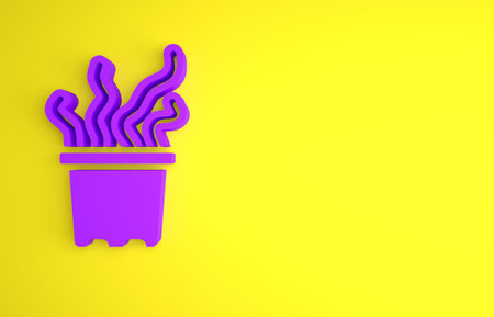 Purple Exotic tropical plant in pot icon isolated on yellow background. Minimalism concept. 3D render illustrationの写真素材