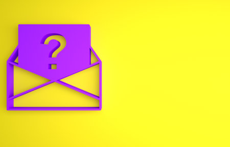Purple Envelope with question mark icon isolated on yellow background. Letter with question mark symbol. Send in request by email. Minimalism concept. 3D render illustrationの写真素材