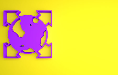 Purple World globe with compass icon isolated on yellow background. Minimalism concept. 3D render...
