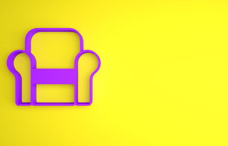 Purple Armchair icon isolated on yellow background. Minimalism concept. 3D render illustrationの写真素材