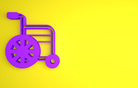 Purple Wheelchair for disabled person icon isolated on yellow background. Minimalism concept. 3D render illustrationの写真素材