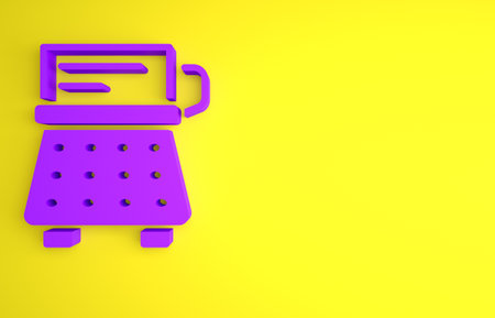 Purple Retro typewriter and paper sheet icon isolated on yellow background. Minimalism concept. 3D render illustrationの写真素材