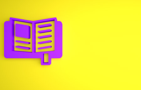 Purple Reading book icon isolated on yellow background. Minimalism concept. 3D render illustrationの写真素材