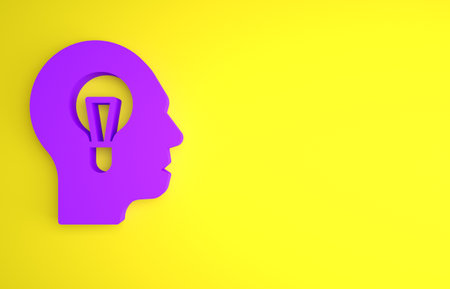Purple Human with lamp bulb icon isolated on yellow background. Concept of idea. Minimalism concept. 3D render illustrationの写真素材
