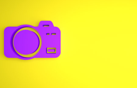 Purple Photo camera icon isolated on yellow background. Foto camera. Digital photography. Minimalism concept. 3D render illustrationの写真素材
