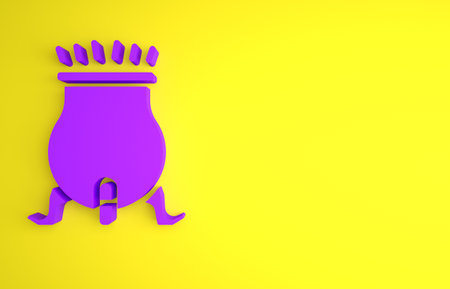 Purple Witch cauldron icon isolated on yellow background. Happy Halloween party. Minimalism concept. 3D render illustrationの写真素材