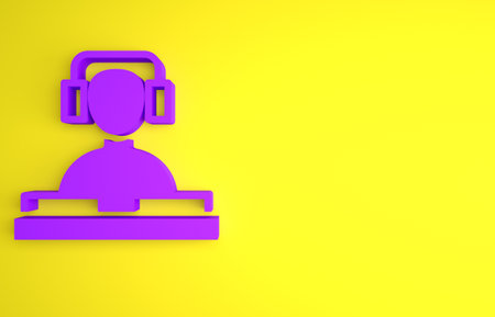 Purple DJ wearing headphones in front of record decks icon isolated on yellow background. DJ playing music. Minimalism concept. 3D render illustrationの写真素材