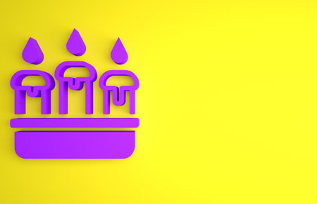 Purple Burning candle in candlestick icon isolated on yellow background. Cylindrical candle stick with burning flame. Minimalism concept. 3D render illustrationの写真素材