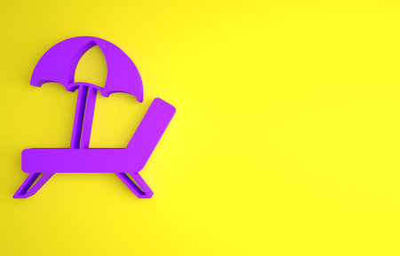 Purple Sunbed icon isolated on yellow background. Beach umbrella and Sun lounger. Minimalism concept. 3D render illustrationの写真素材