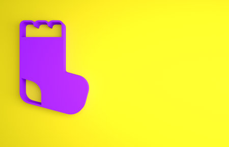 Purple Baby socks clothes icon isolated on yellow background. Minimalism concept. 3D render illustrationの写真素材