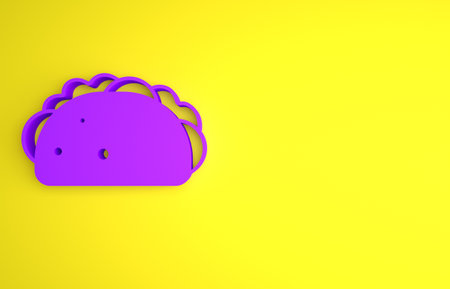 Purple Taco with tortilla icon isolated on yellow background. Traditional mexican fast food menu. Minimalism concept. 3D render illustrationの写真素材