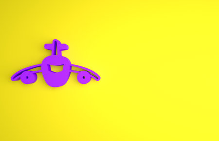 Purple Plane icon isolated on yellow background. Flying airplane icon. Airliner sign. Minimalism concept. 3D render illustrationの写真素材