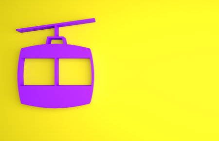 Purple Cable car icon isolated on yellow background. Funicular sign. Minimalism concept. 3D render illustrationの写真素材