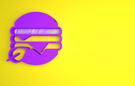 Purple Vegan food diet icon isolated on yellow background. Organic, bio, eco symbol. Vegan, no meat, lactose free, healthy, fresh and nonviolent food. Minimalism concept. 3D render illustrationの写真素材