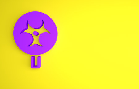 Purple Biohazard symbol icon isolated on yellow background. Minimalism concept. 3D render illustrationの写真素材