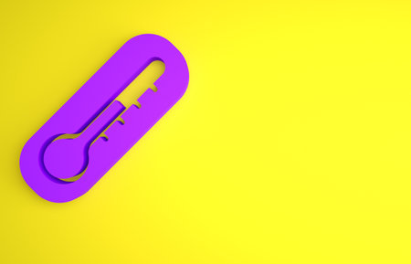 Purple Meteorology thermometer measuring heat and cold icon isolated on yellow background. Thermometer equipment showing hot or cold weather. Minimalism concept. 3D render illustrationの写真素材